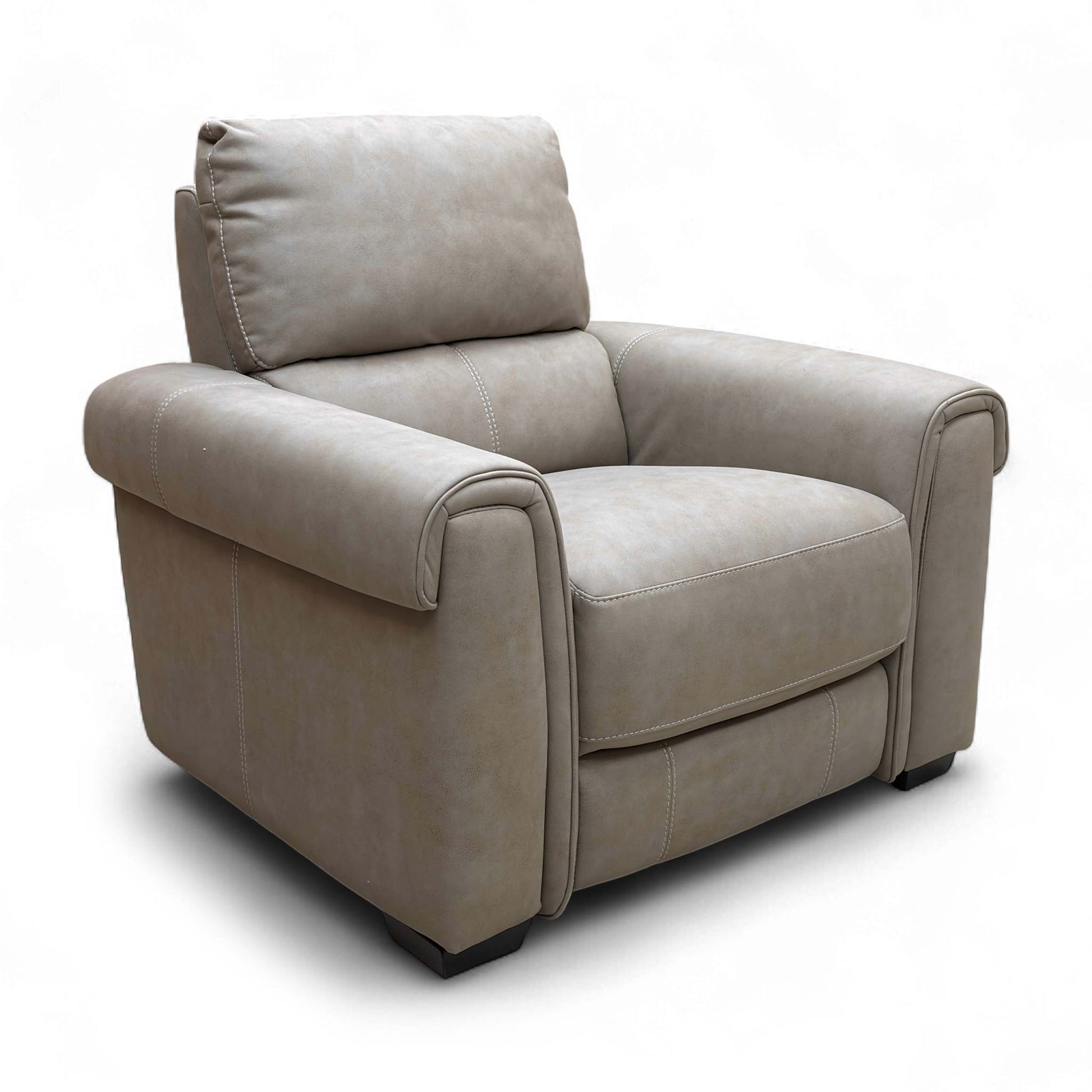 Angled view of the back of the Marble Taupe Suede Power Recliner Chair.