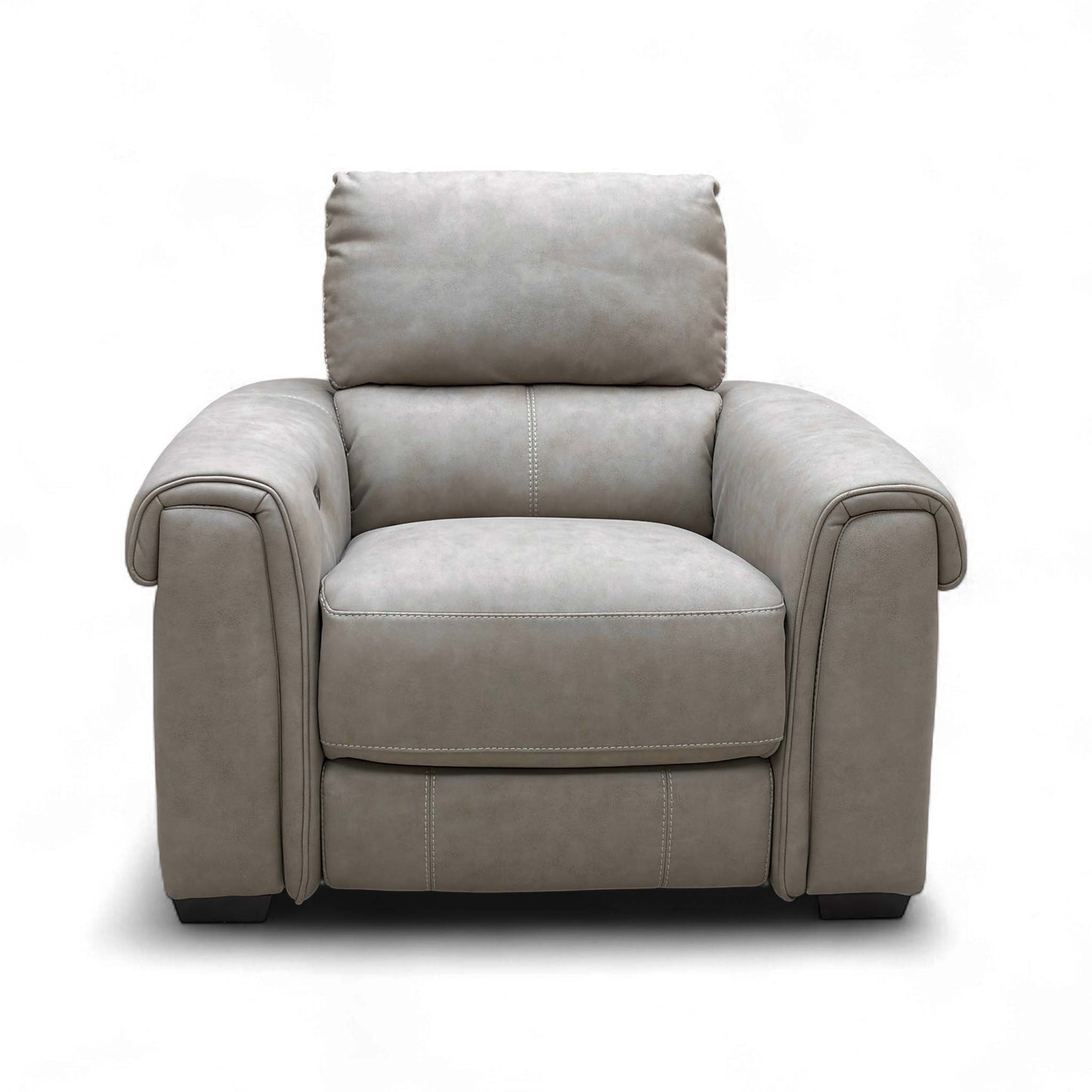 Full front view of the Furniture Village Nixon Power Recliner Chair in Marble Taupe Suede fabric.