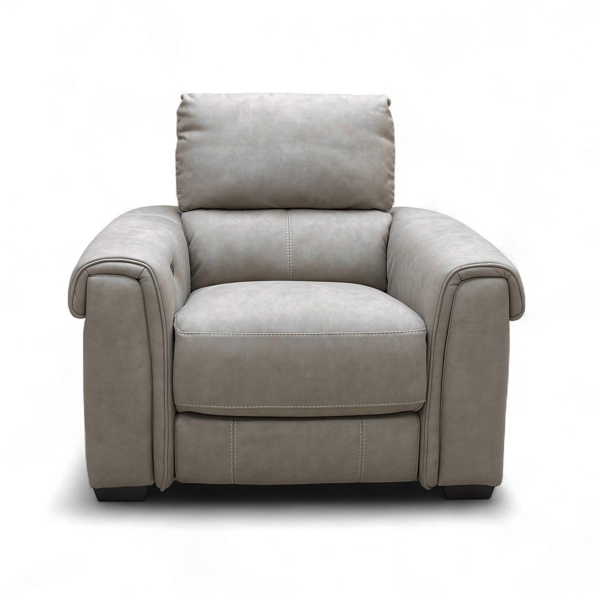 Full front view of the Furniture Village Nixon Power Recliner Chair in Marble Taupe Suede fabric.