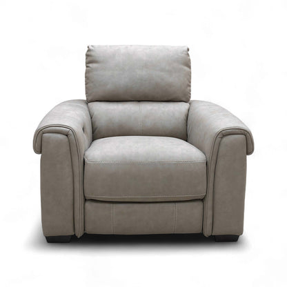 Full front view of the Furniture Village Nixon Power Recliner Chair in Marble Taupe Suede fabric.