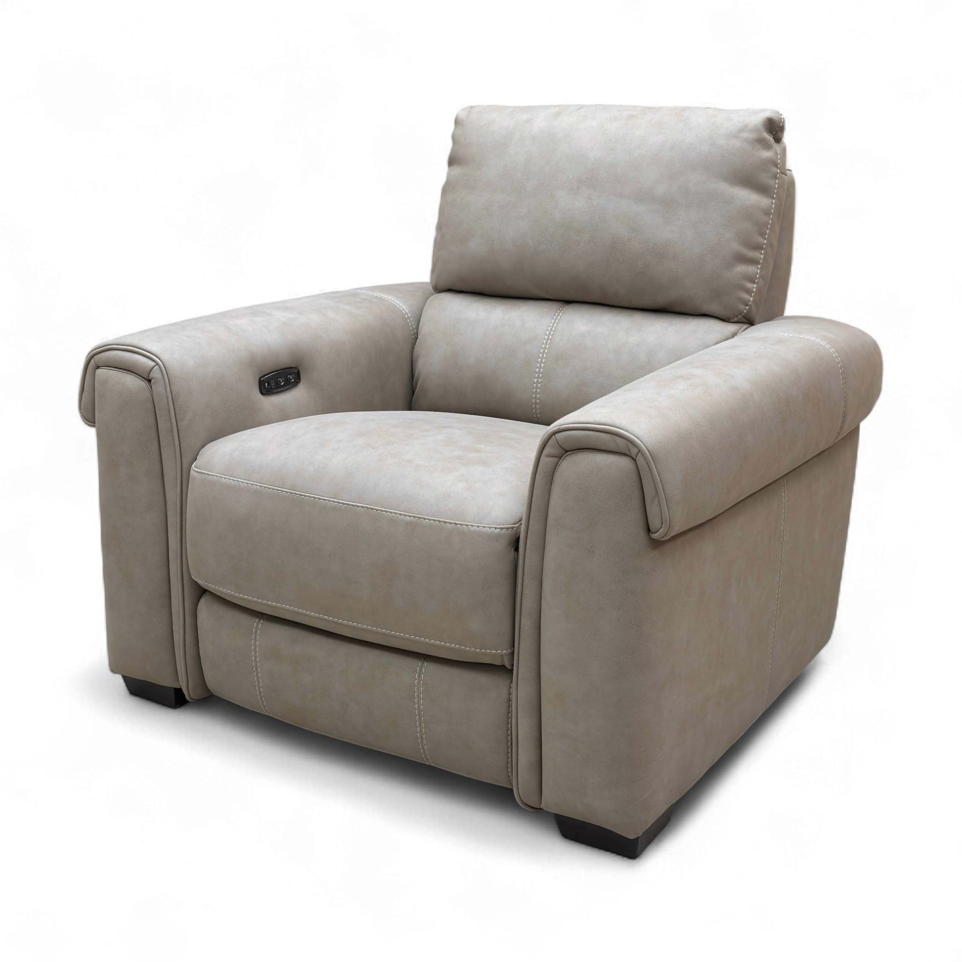 Angled view of the back of the Marble Taupe Suede Power Recliner Chair.