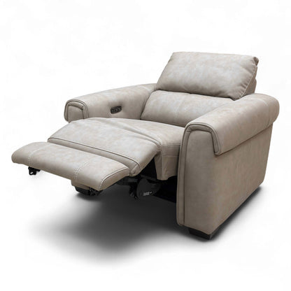 Angled view of the back of the Marble Taupe Suede Power Recliner Chair.