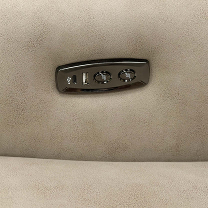 Detailed close-up of the Power Recliner's control panel, featuring the independent back/foot recline controls and the built-in USB charging port.
