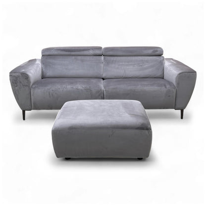 Full view of the contemporary Nicoletti ‘Milano’ Bluish Grey Velvet 3 Seater Sofa and Footstool set, showcasing the high-back design and English arm style.