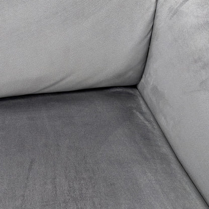 Close-up detail of the Bluish Grey Velvet upholstery on the sofa, showing the luxurious texture and stitching.