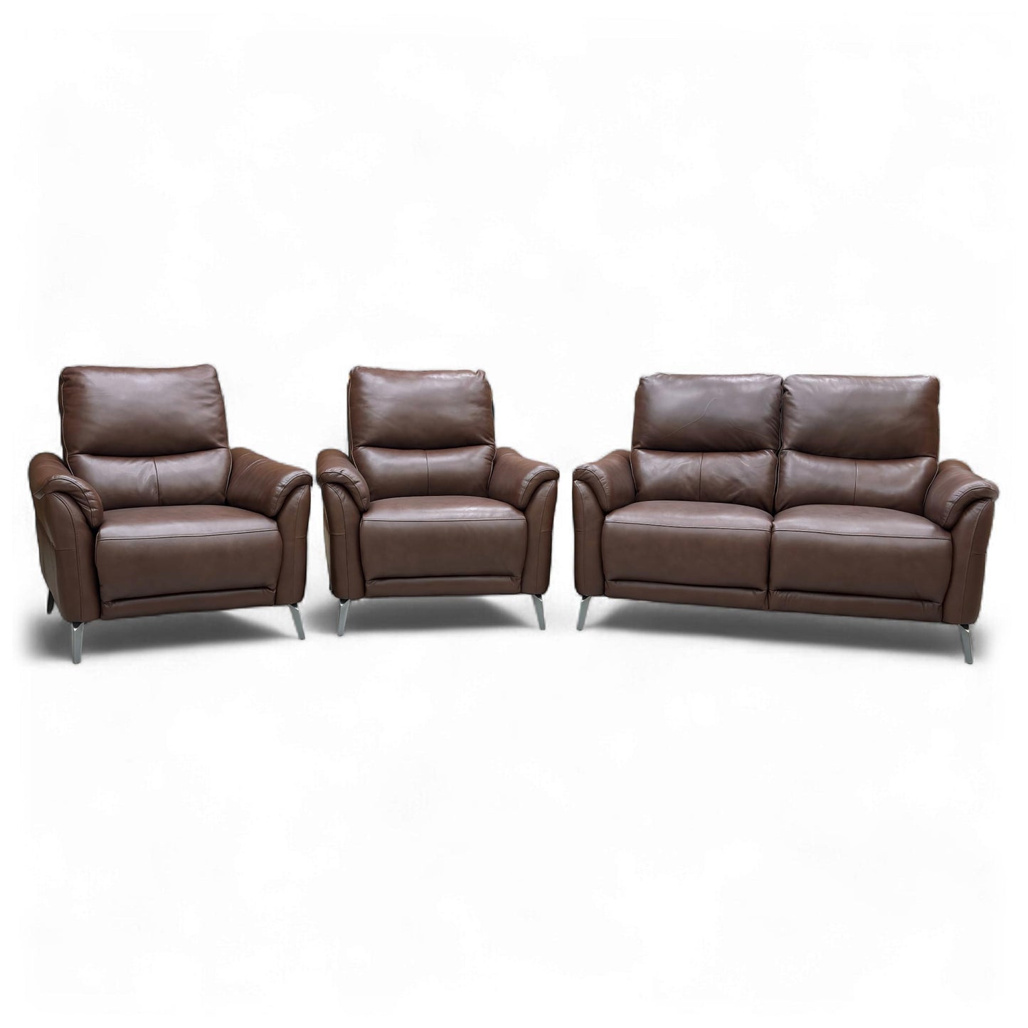 Full view of the Furniture Village Daytona 3-piece set in Butterscotch Brown Leather, including the 2-seater sofa and two matching armchairs.