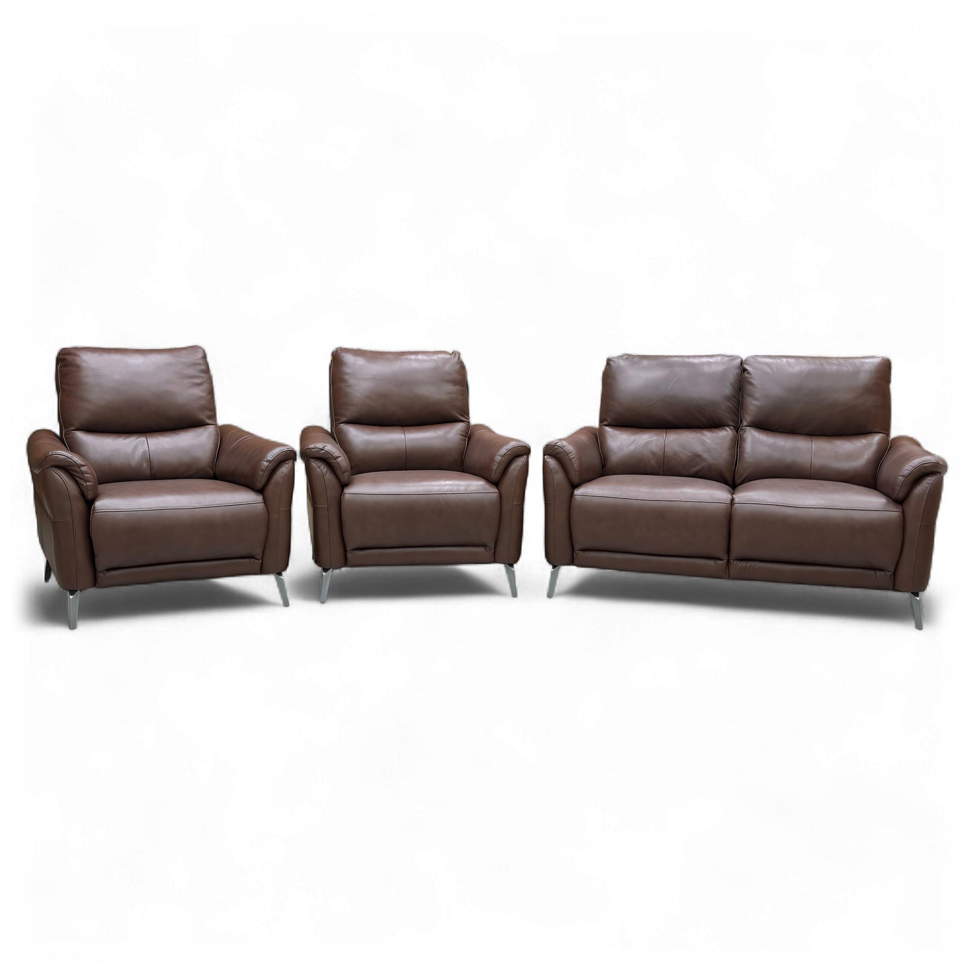 Full view of the Furniture Village Daytona 3-piece set in Butterscotch Brown Leather, including the 2-seater sofa and two matching armchairs.