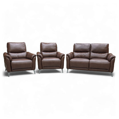 Full view of the Furniture Village Daytona 3-piece set in Butterscotch Brown Leather, including the 2-seater sofa and two matching armchairs.