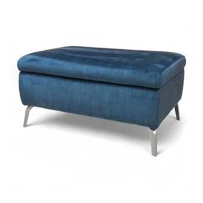 Side view of the 'Daytona' Footstool detailing its height, depth, and sleek, slimline legs.