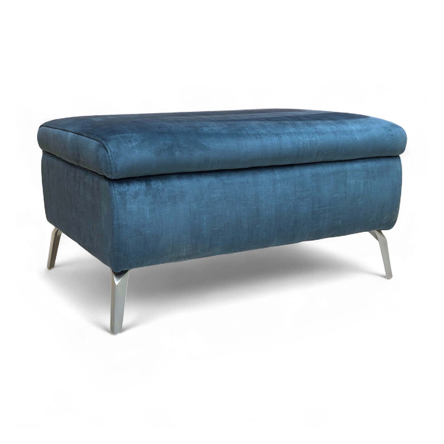 Angled view of the footstool, showing its full profile and fabric.