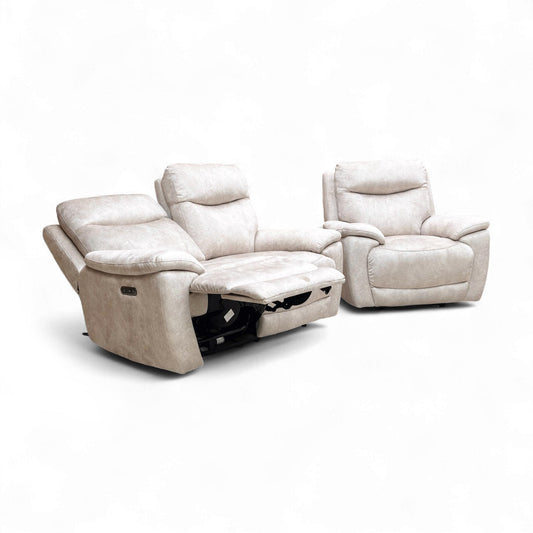 The sofa with one recliner extended and a view of the recliner control.