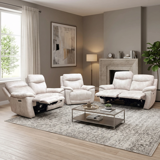 ‘Sloane’ 18177 Marble Cream Velvet 2 + 2 Seater Sofa & Armchair with Power Recliner