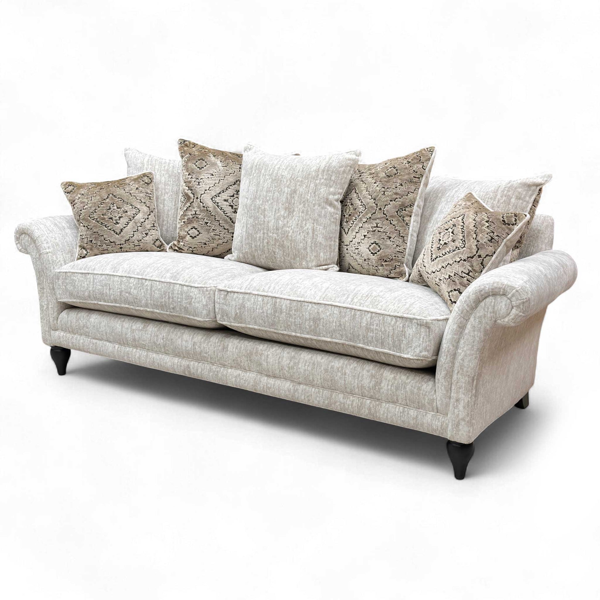 Side profile of the 'Plaza' Sofa, emphasizing the sweeping rolled arms and traditional elegance.