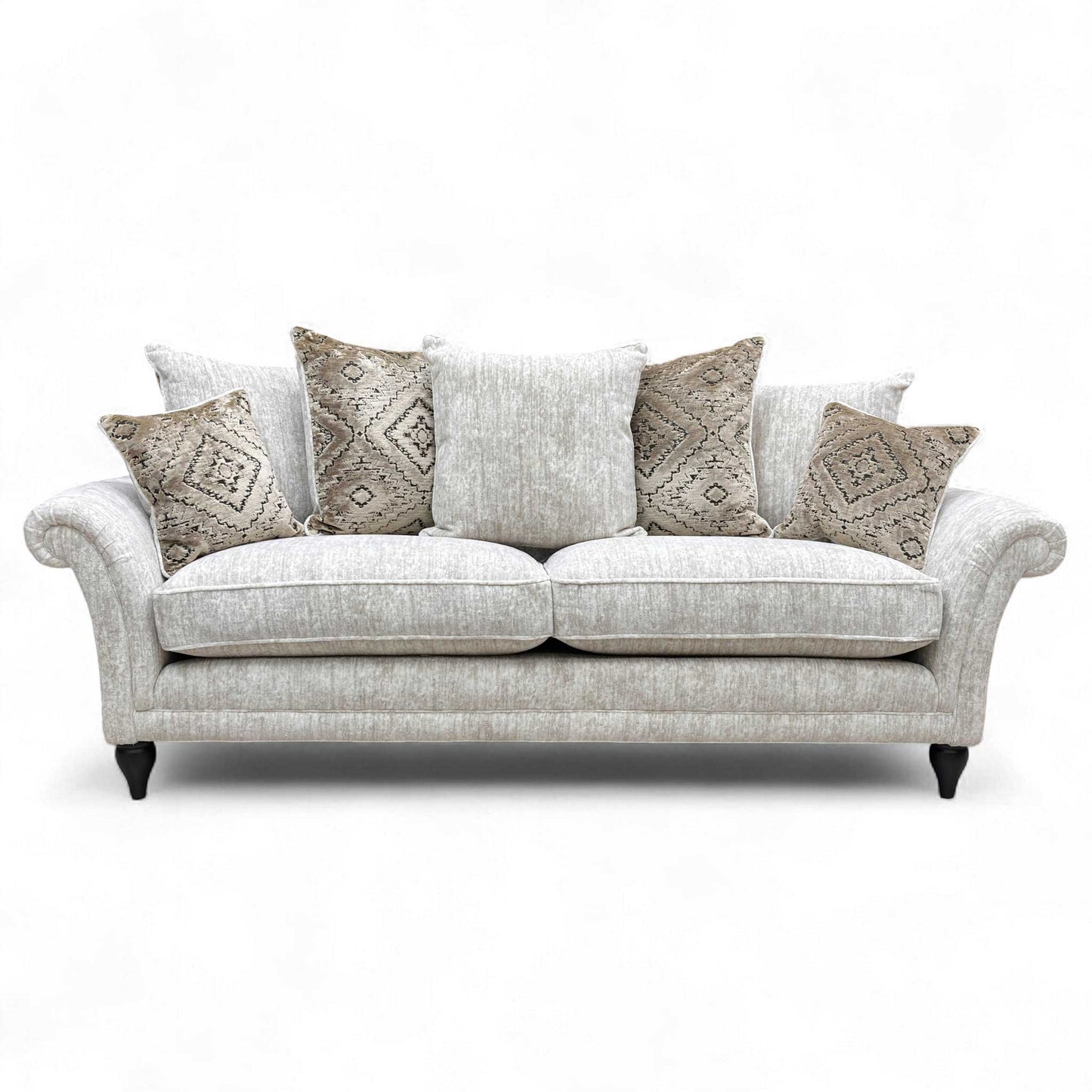 Full front view of the Grande Sofa with all scatter cushions arranged.