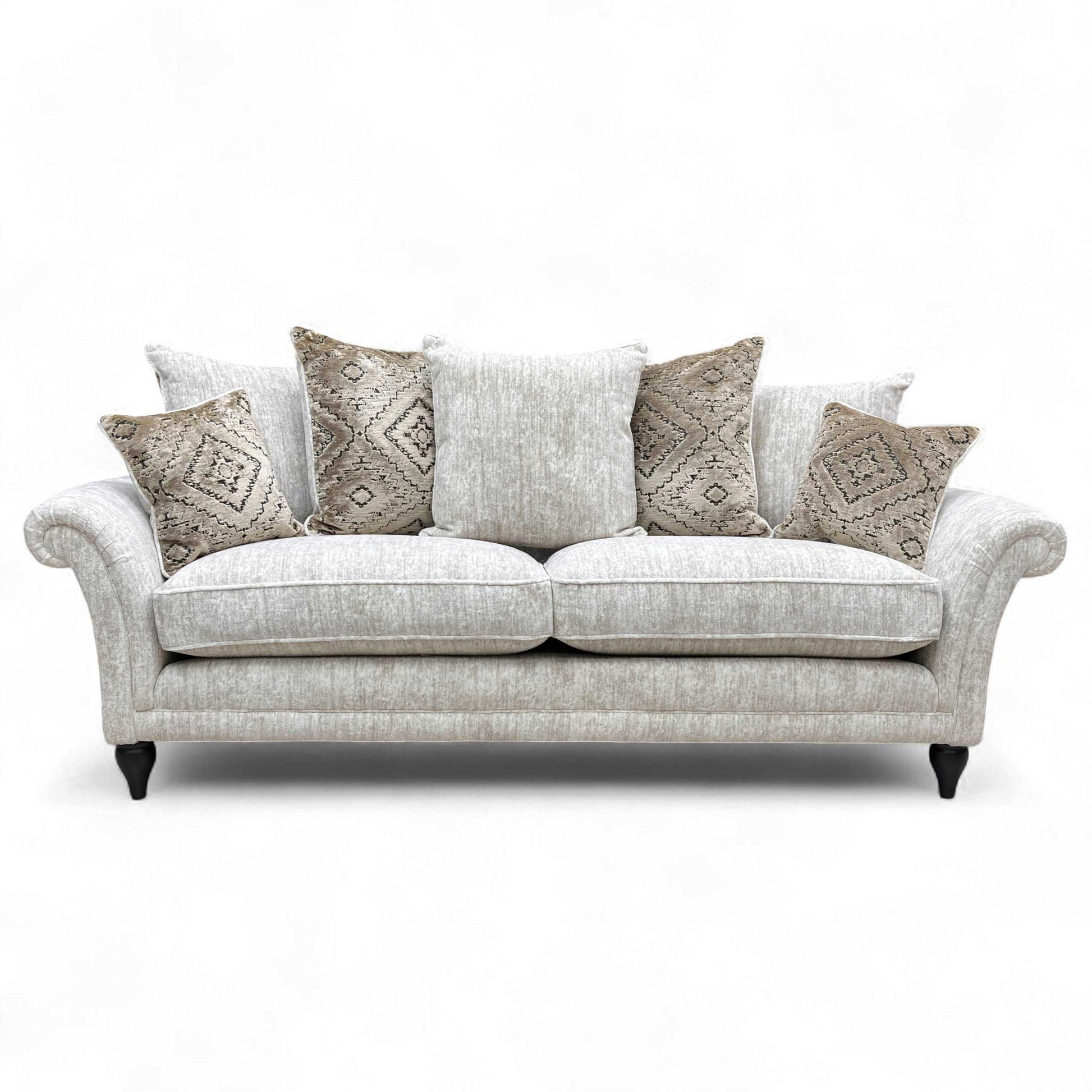 Full front view of the Grande Sofa with all scatter cushions arranged.