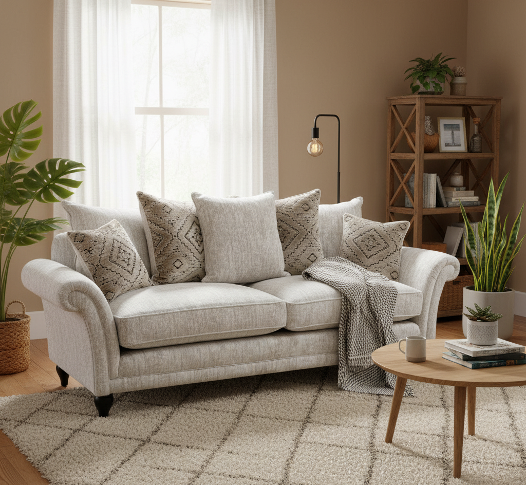 Living room with a beige sofa, decorative pillows, and a small wooden table.