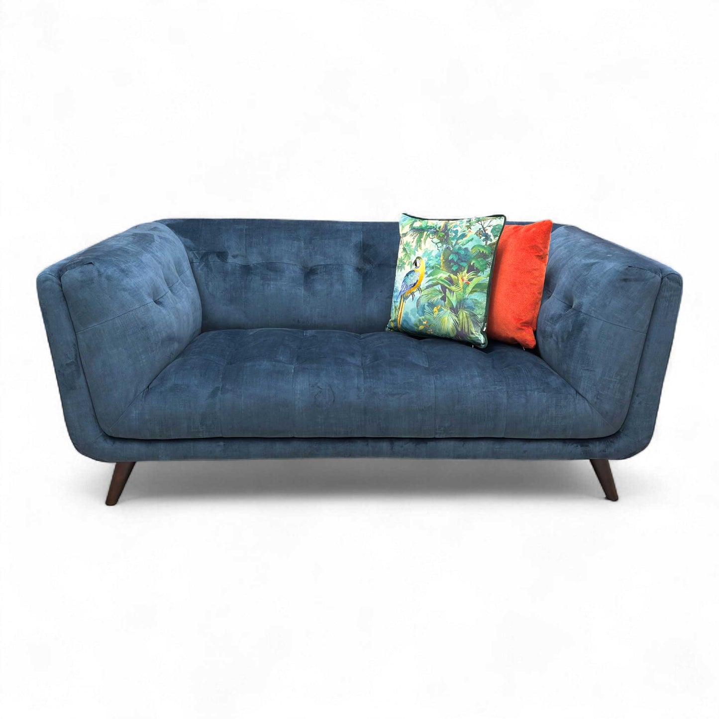 The 'Rene' Heritage 52000 2 Seater Sofa in stylish Airforce Blue Velvet, showcasing its compact, modern form.