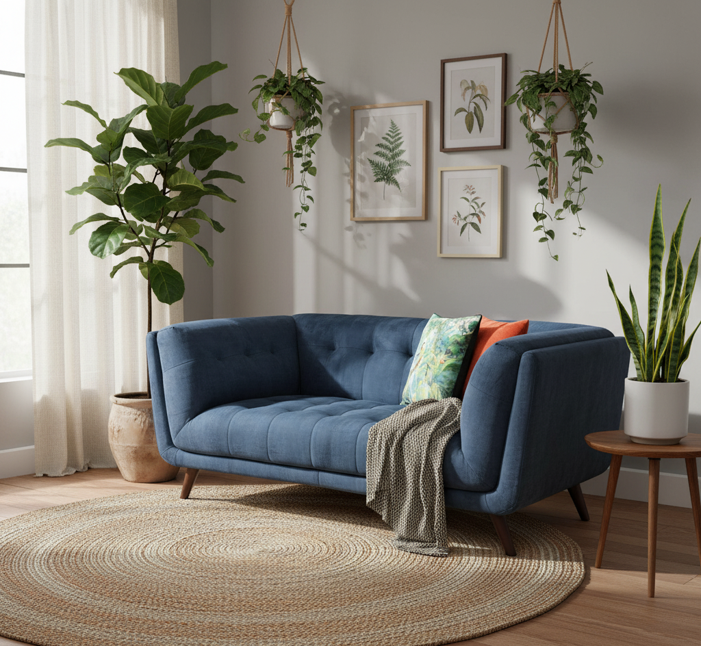 Modern living room with a blue sofa, plants, and framed artwork.