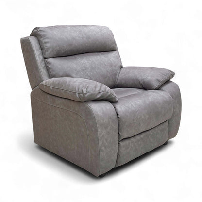 Full view of the Furniture Village ‘Moreno’ Armchair in Taupe Grey Heavy Duty Suede Fabric, showcasing its modern design, plush cushioning, and compact profile.