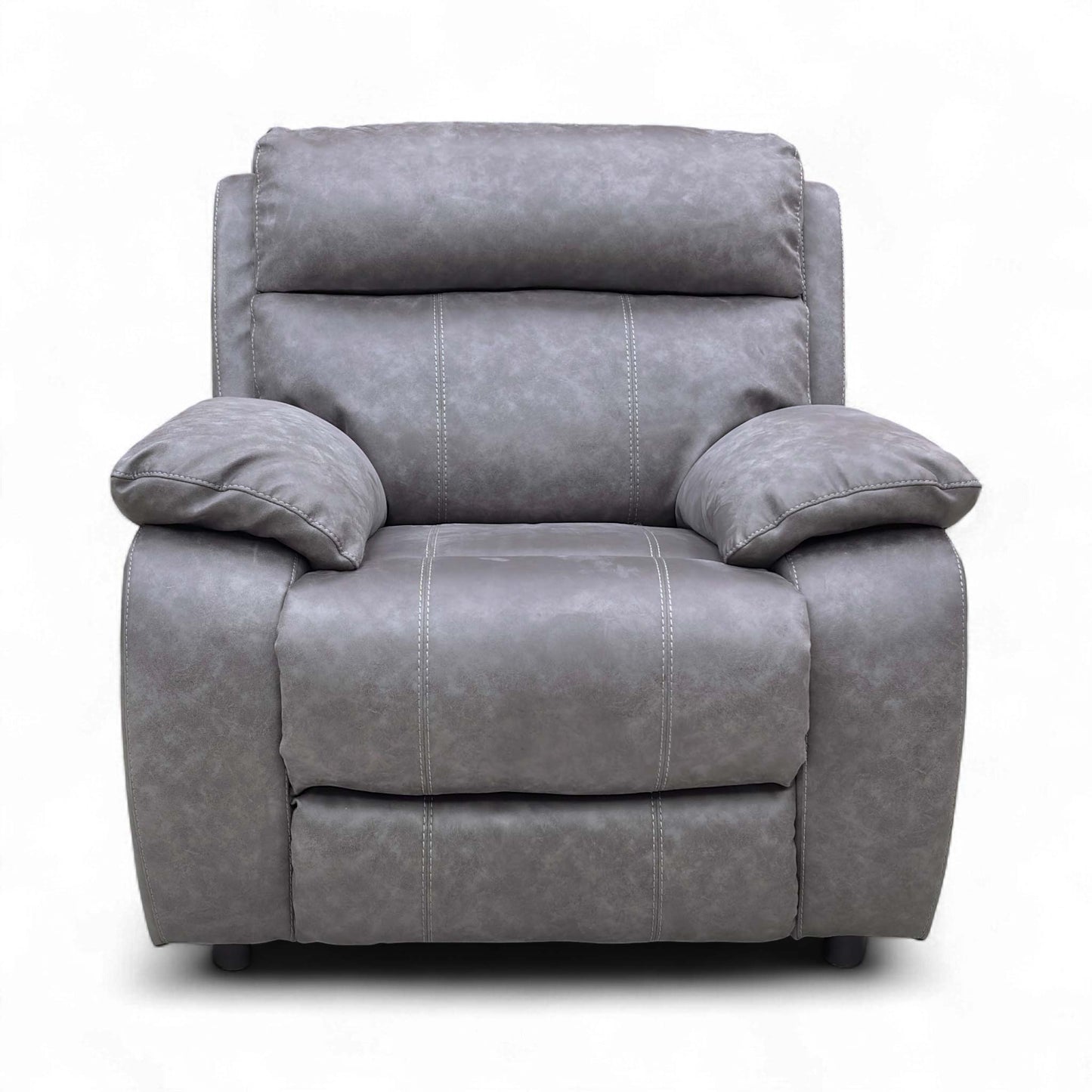 Frontal view of the ‘Moreno’ Armchair, emphasizing the thick, high-density foam seat cushion and fixed back cushion with spring support.