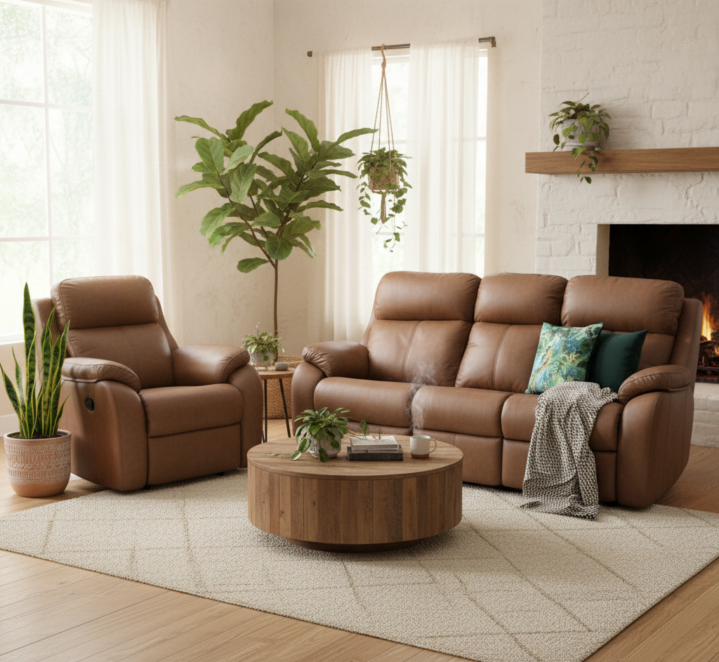 Living room with brown leather sofa and armchair, wooden coffee table, and decorative plants.
