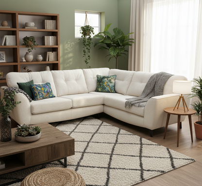 Modern living room with a white sectional sofa, wooden coffee table, and bookshelf.