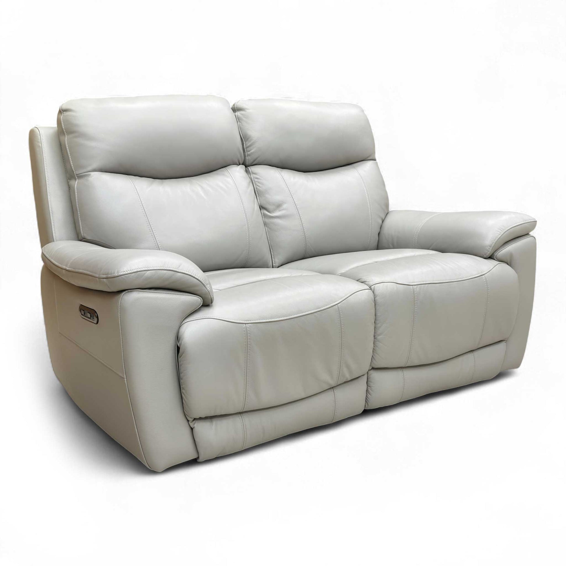 Angled view showing the sofa with one seat in a partially reclined position.