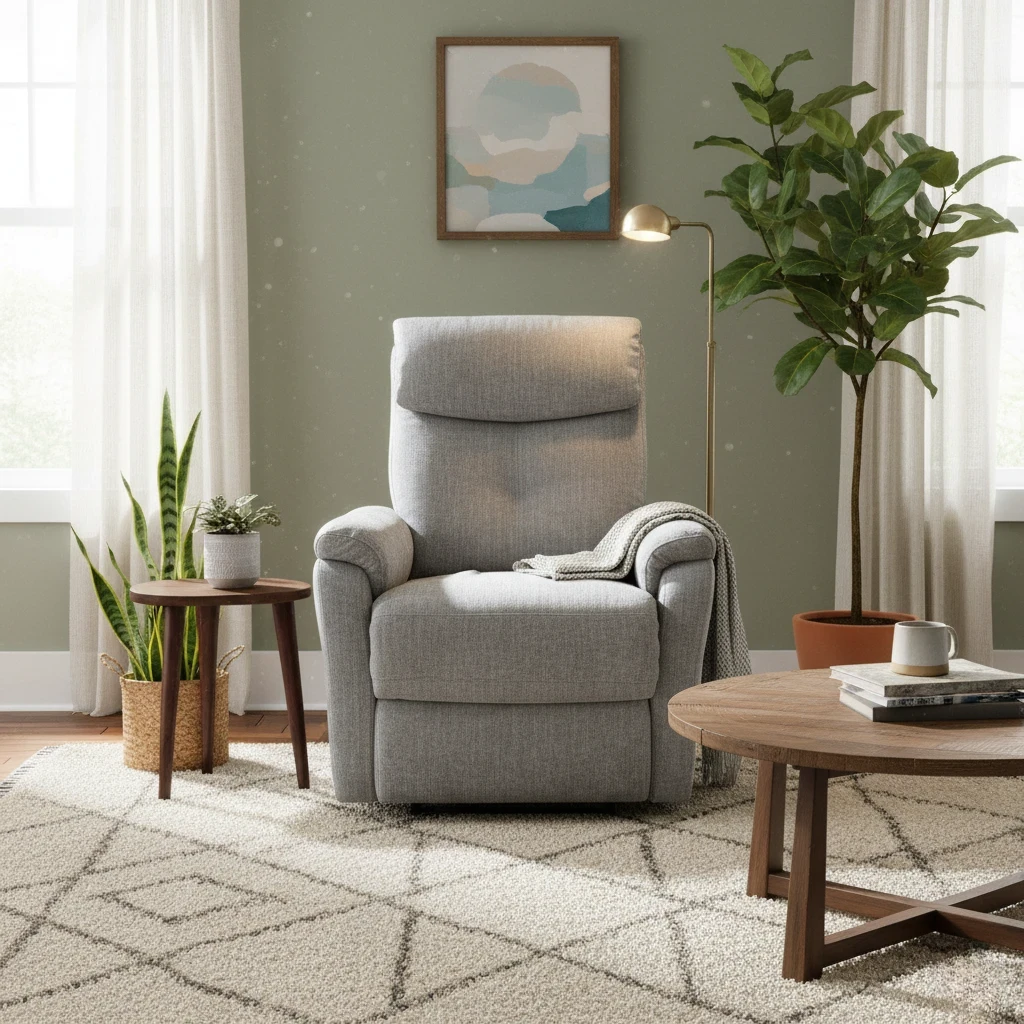 Gray recliner chair in a living room with plants and a coffee table.