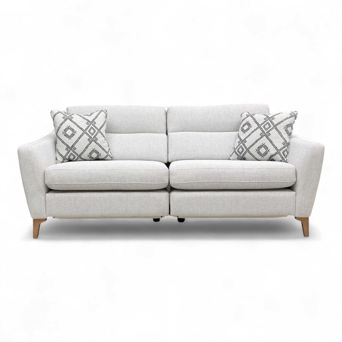 Full frontal view of the Furniture Village 'Moderna' 3 Seater Power Recliner Sofa in Pearl SW Fabric.