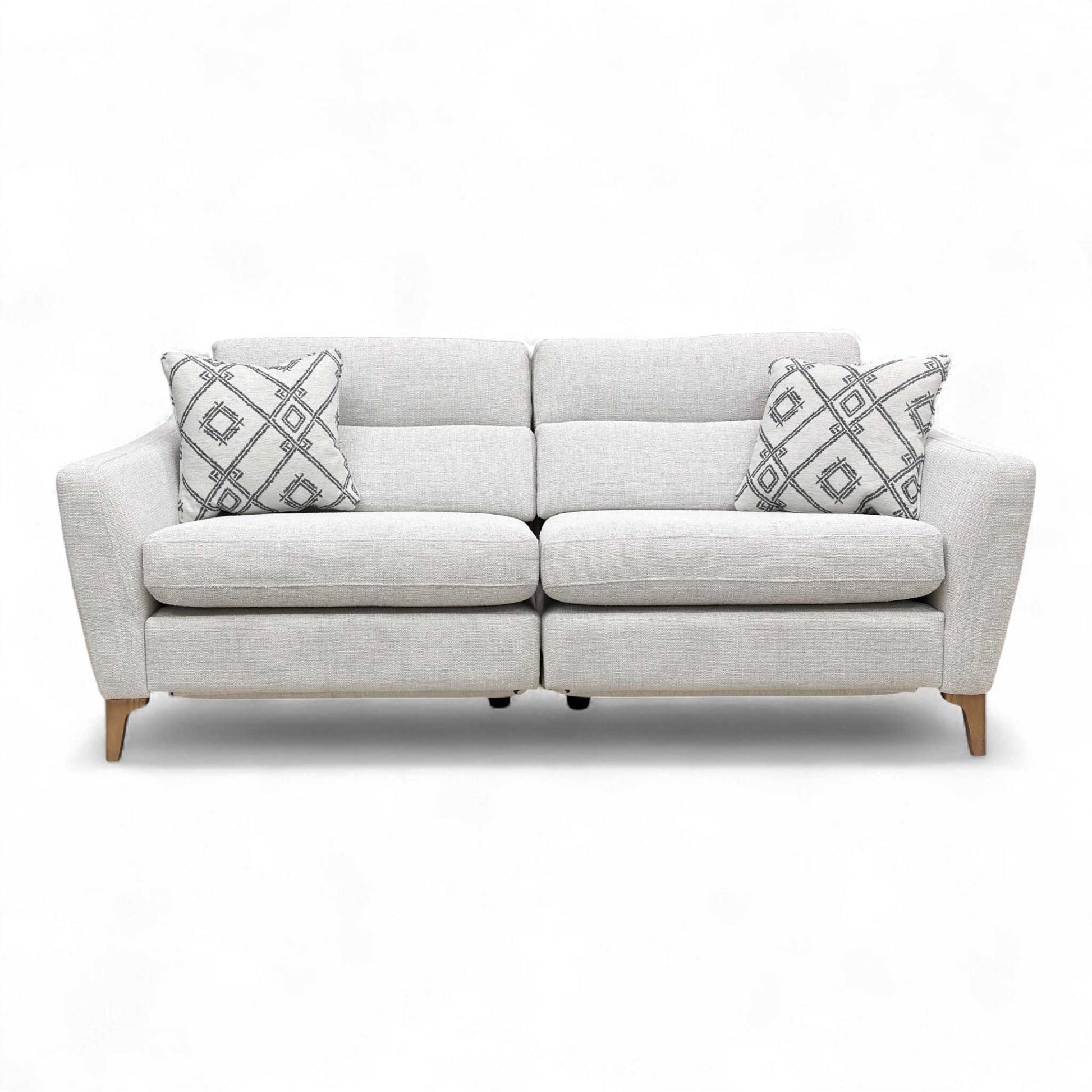 Full frontal view of the Furniture Village 'Moderna' 3 Seater Power Recliner Sofa in Pearl SW Fabric.