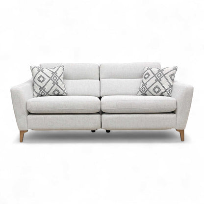 Full frontal view of the Furniture Village 'Moderna' 3 Seater Power Recliner Sofa in Pearl SW Fabric.