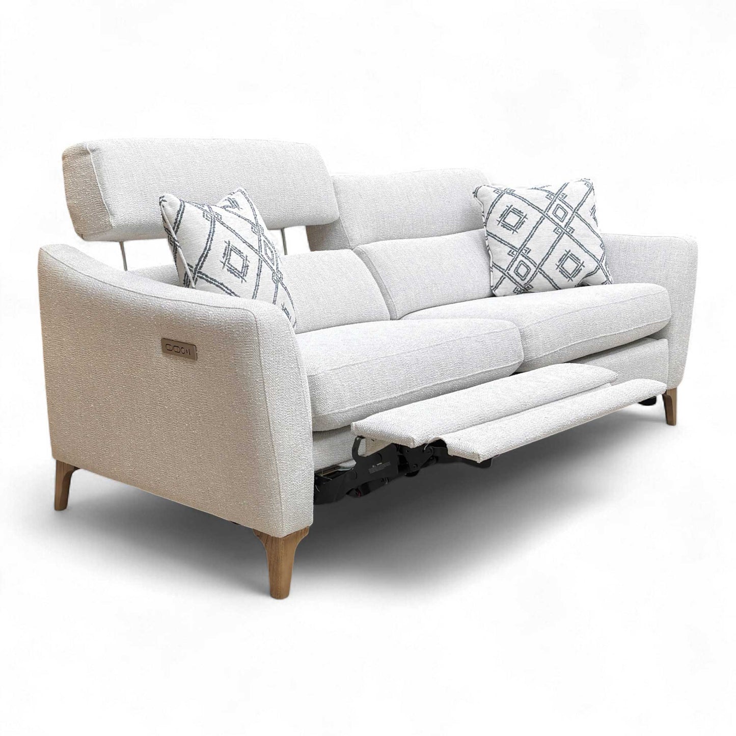 Side-angle view of the Moderna Power Recliner Sofa with its full depth and cushioned armrest visible.