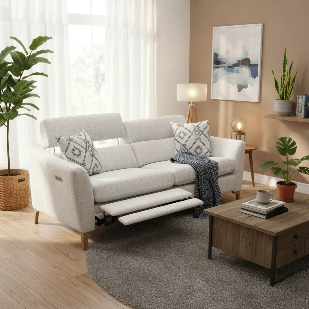 Living Room with Elevated, angled view of the Moderna 3 Seater Recliner Sofa, showcasing its modern style and fabric upholstery.