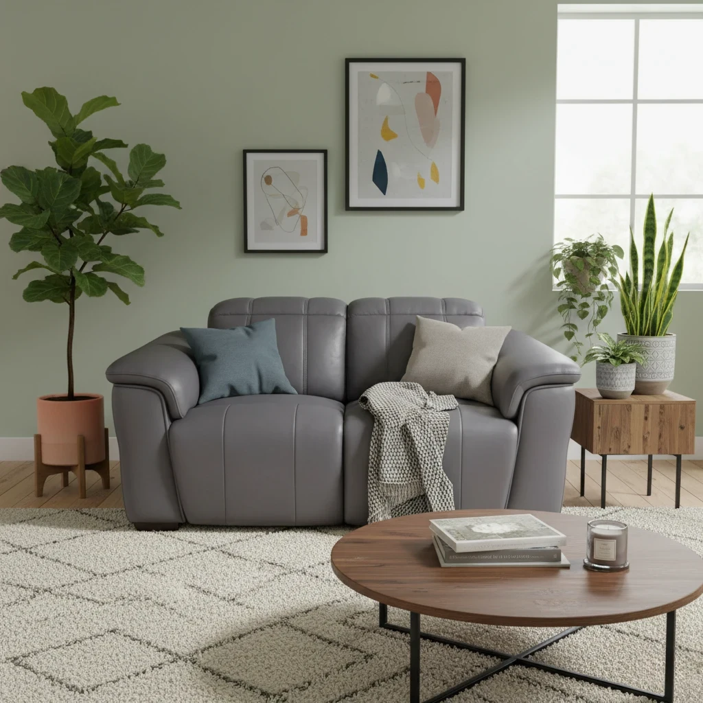Gray sofa in a living room with plants and a coffee table.