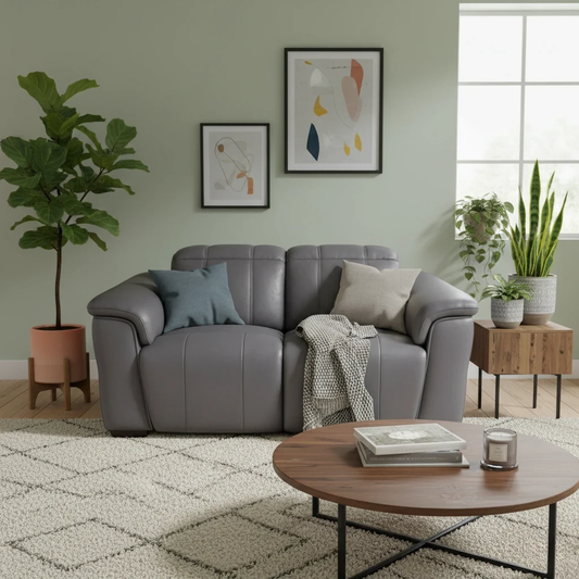 Gray sofa in a living room with plants and a coffee table.
