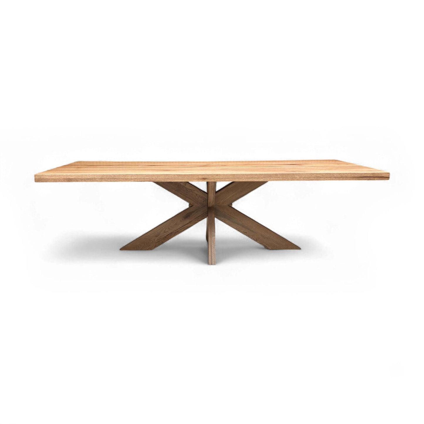 Full view of the spacious Terra 04 Desert Solid Oak Dining Table, highlighting the light wood oak top and wooden star base.