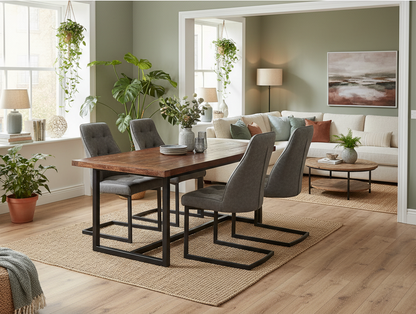 Dining area with wooden table and gray chairs in a home setting.