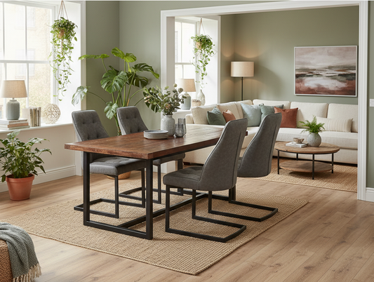 Dining area with wooden table and gray chairs in a home setting.