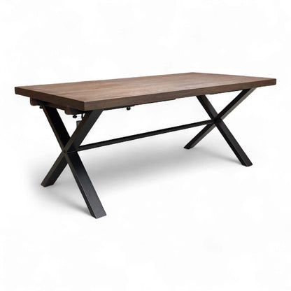 Angled view of the Solid Oak Dining Table, emphasizing the industrial style and sturdy Black Metal X-Shaped Base.