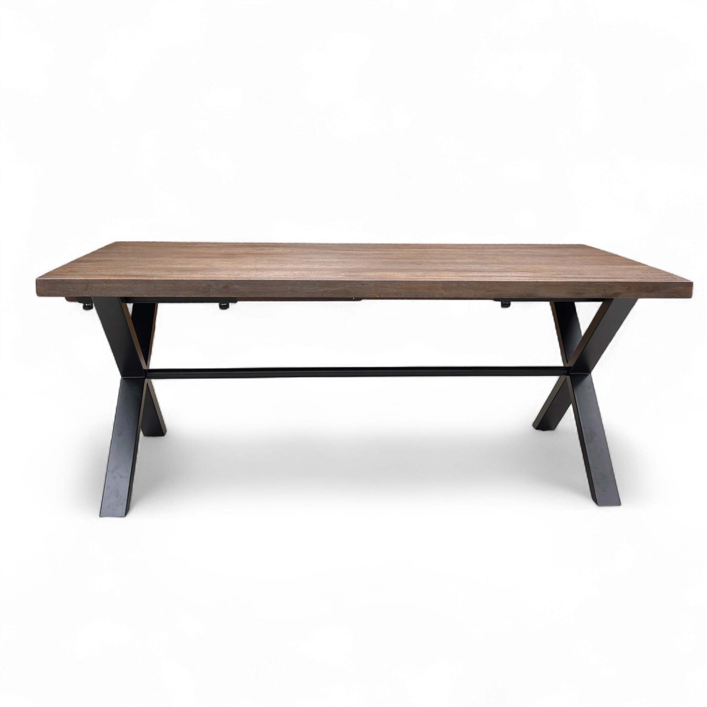 Full view of the Mars Dark Oak Solid Oak 190cm Fixed Dining Table, highlighting the dark wire-brushed finish and Metal X-Shaped Legs.