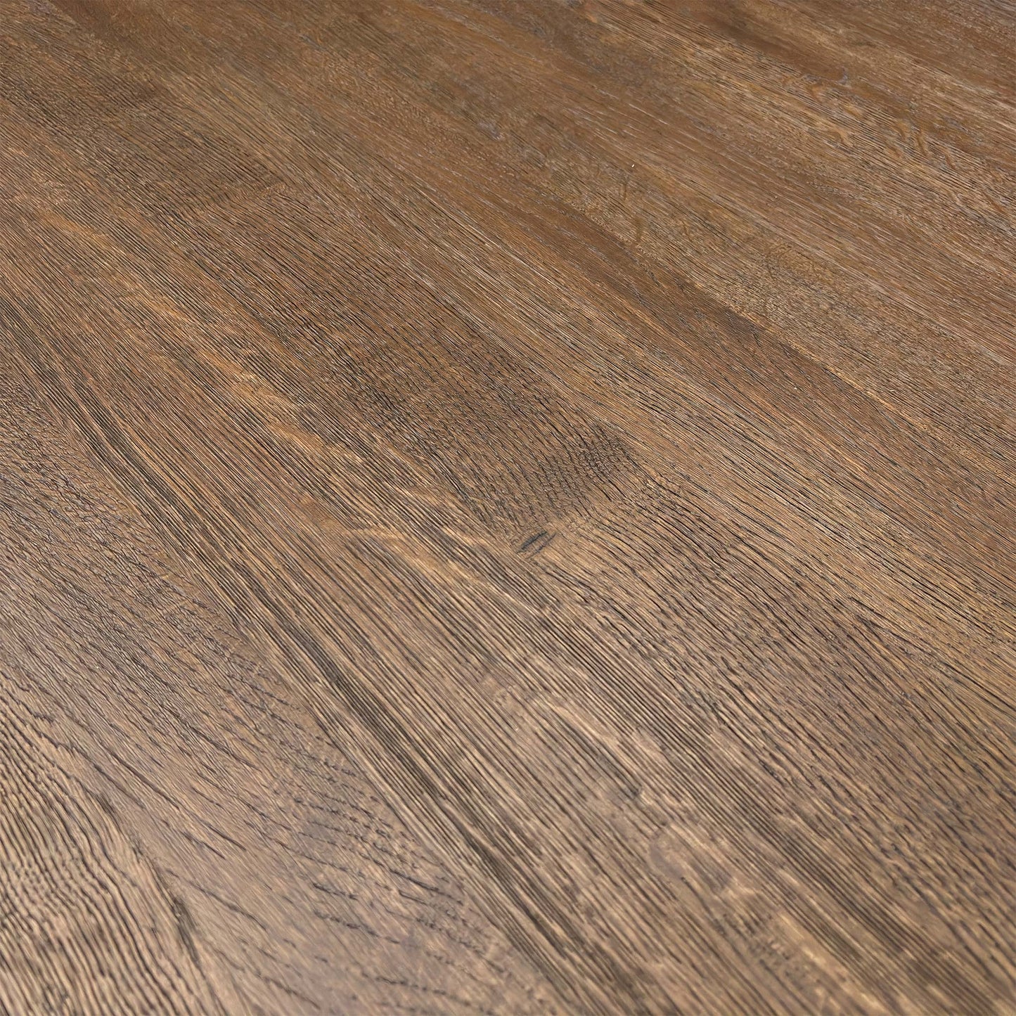 Close-up of the Dark Oak tabletop surface, showing the natural grain, knots, and oiled, wire-brushed finish.