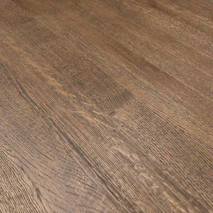 Close-up of the Dark Oak tabletop surface, showing the natural grain, knots, and oiled, wire-brushed finish.