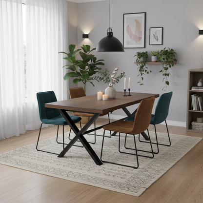 Lifestyle Image of the Solid Oak Dining Table, emphasizing the industrial style and sturdy Black Metal X-Shaped Base