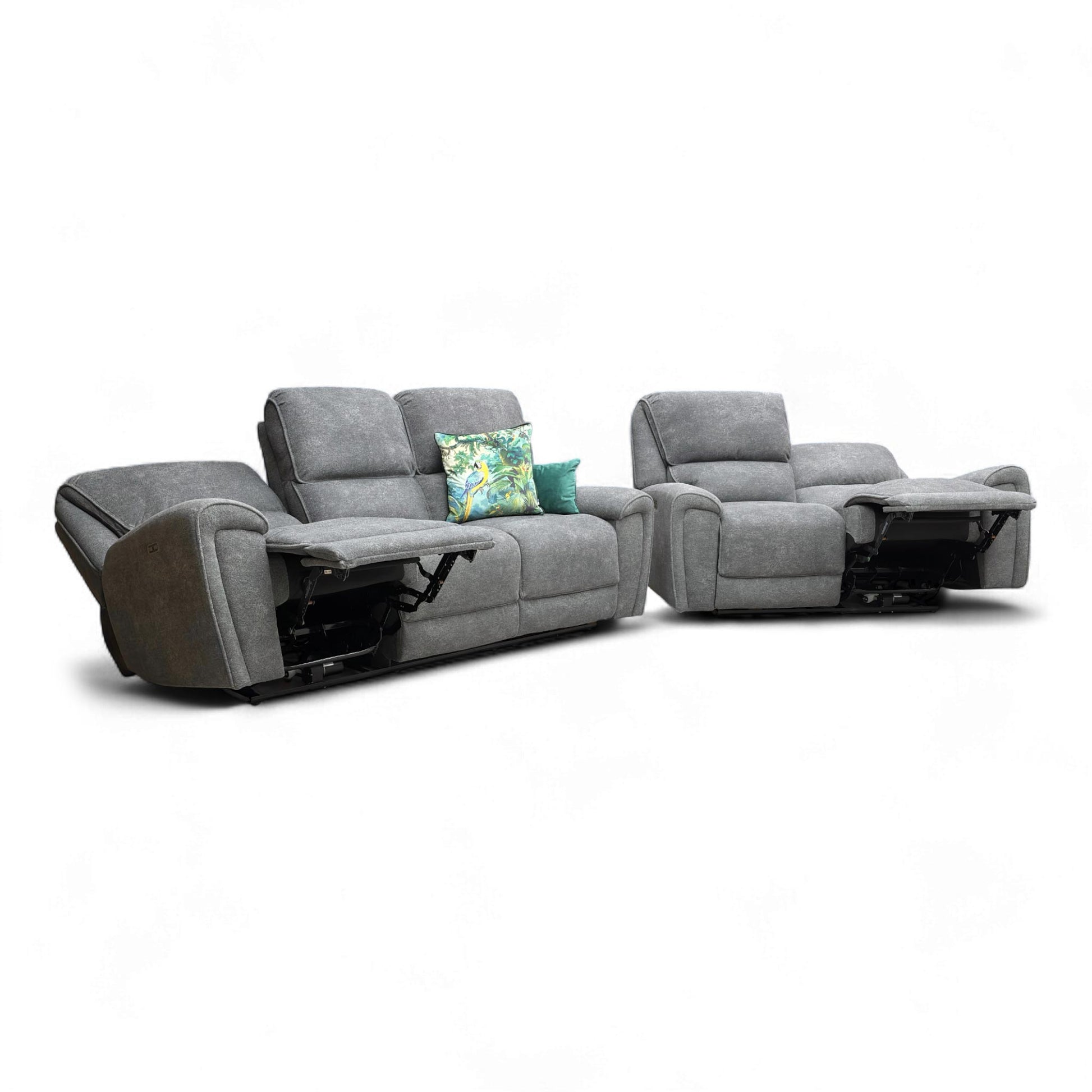 Angled view of the 3 and 2 Seater Power Recliner Set in soft, textured Charcoal Grey Teddy Velvet fabric.