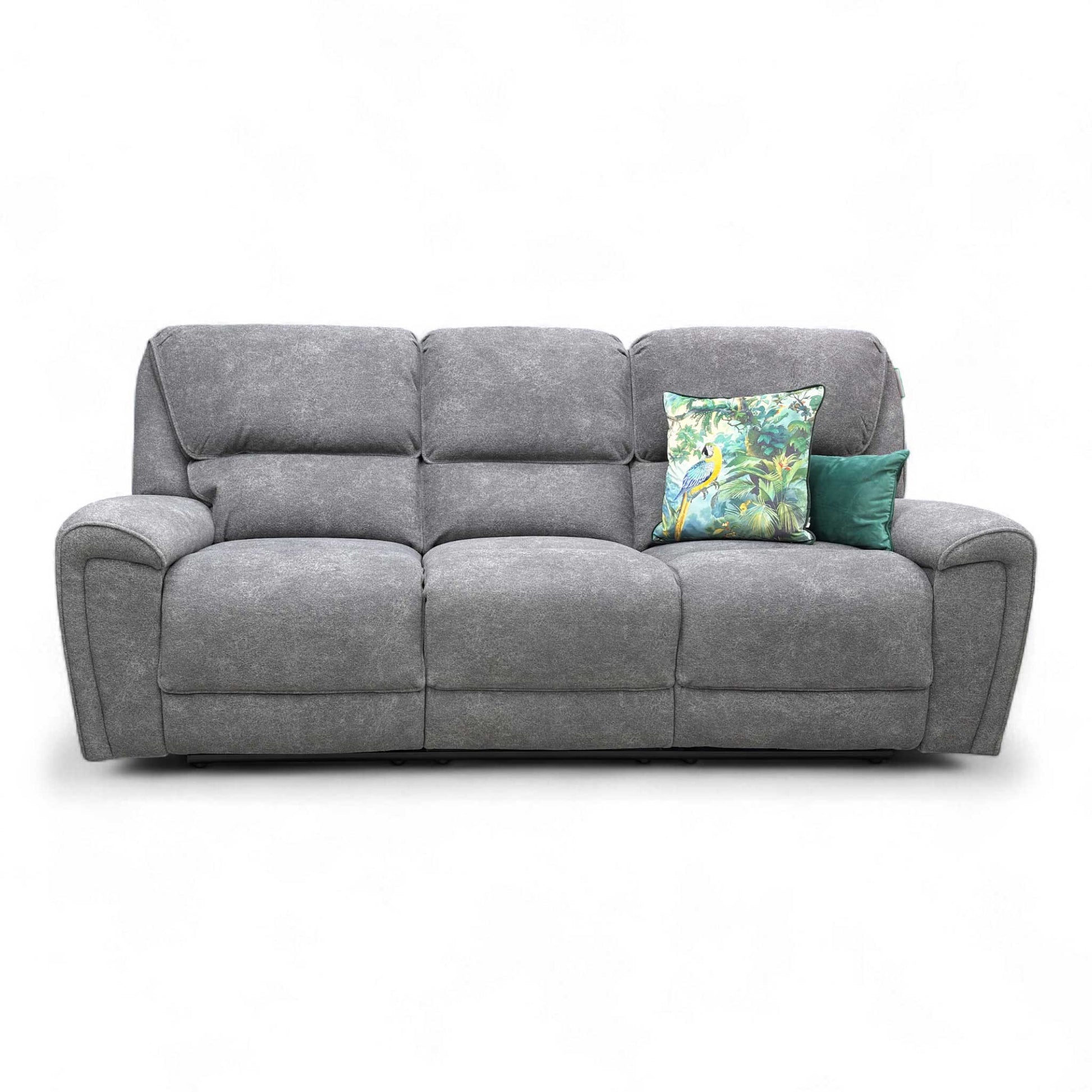 Full frontal view of the 'Ricky' Charcoal Grey Teddy Velvet 3 Seater Power Recliner Sofa with pad arms and high back.