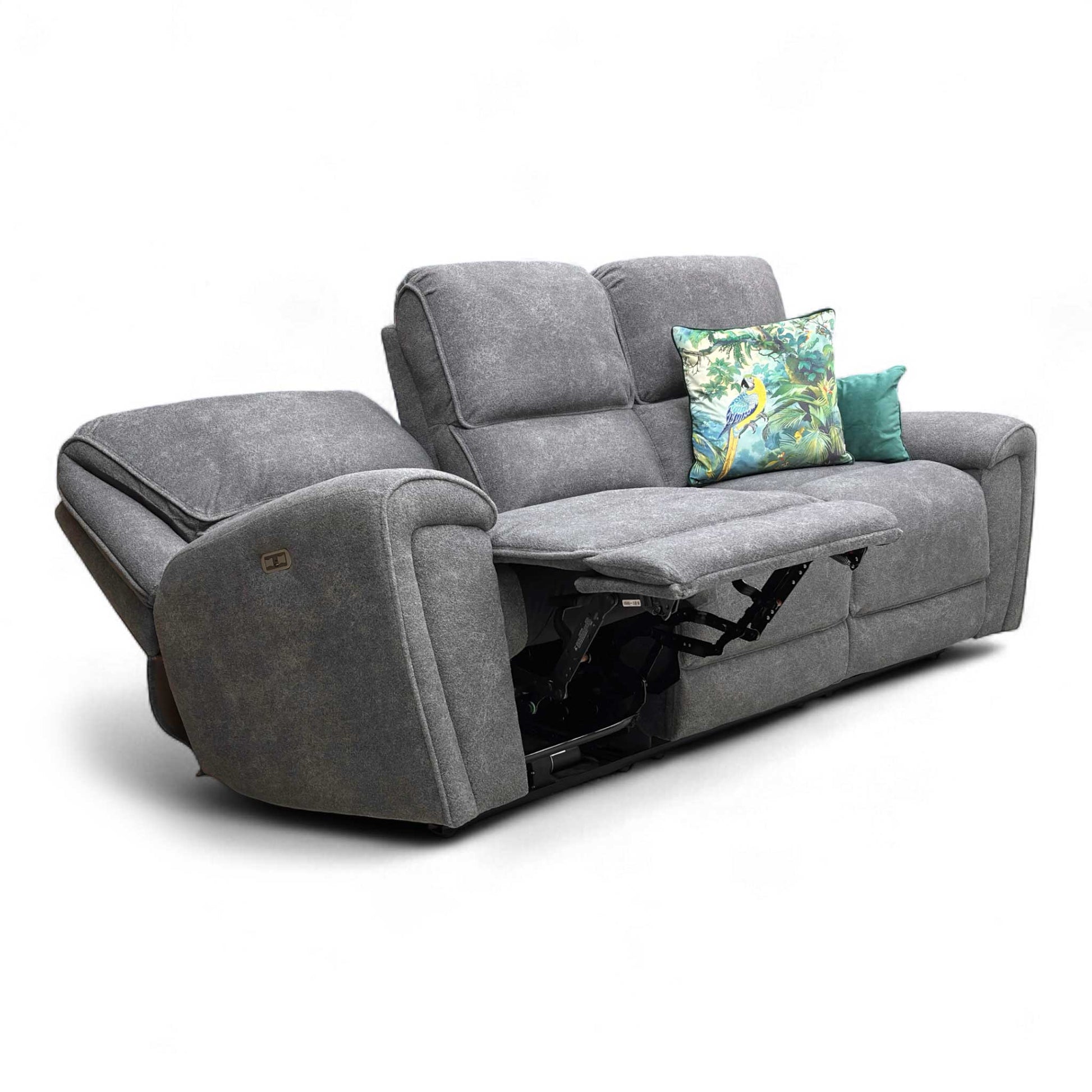 Angled view showing the soft, textured Charcoal Grey Teddy Velvet upholstery of the 3-seater power recliner.