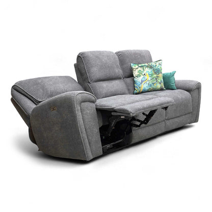 Angled view showing the soft, textured Charcoal Grey Teddy Velvet upholstery of the 3-seater power recliner.
