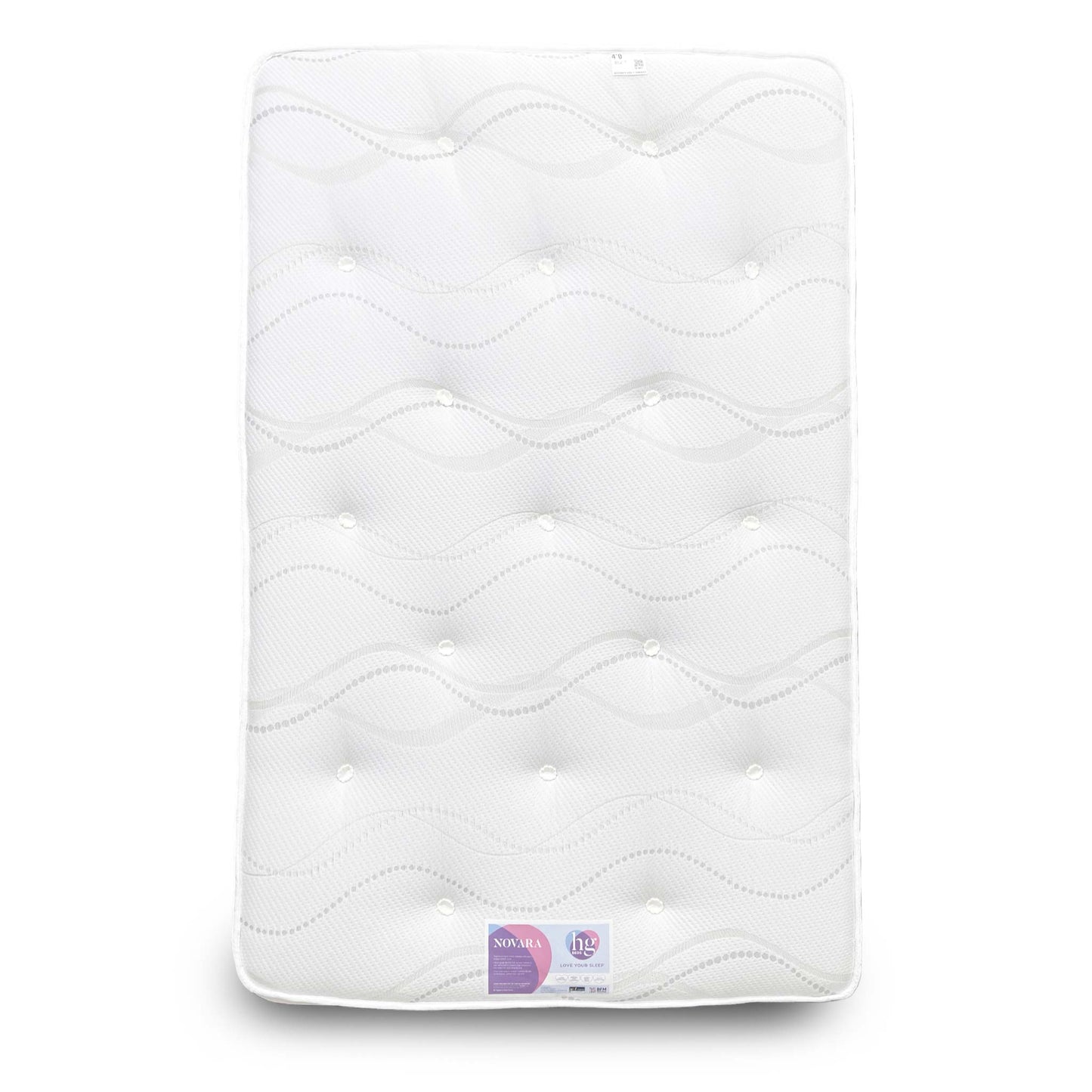 Full view of the Small Double Highgrove ‘Novara’ Ortho Hand-Tufted Pocket Sprung Mattress with white cover.