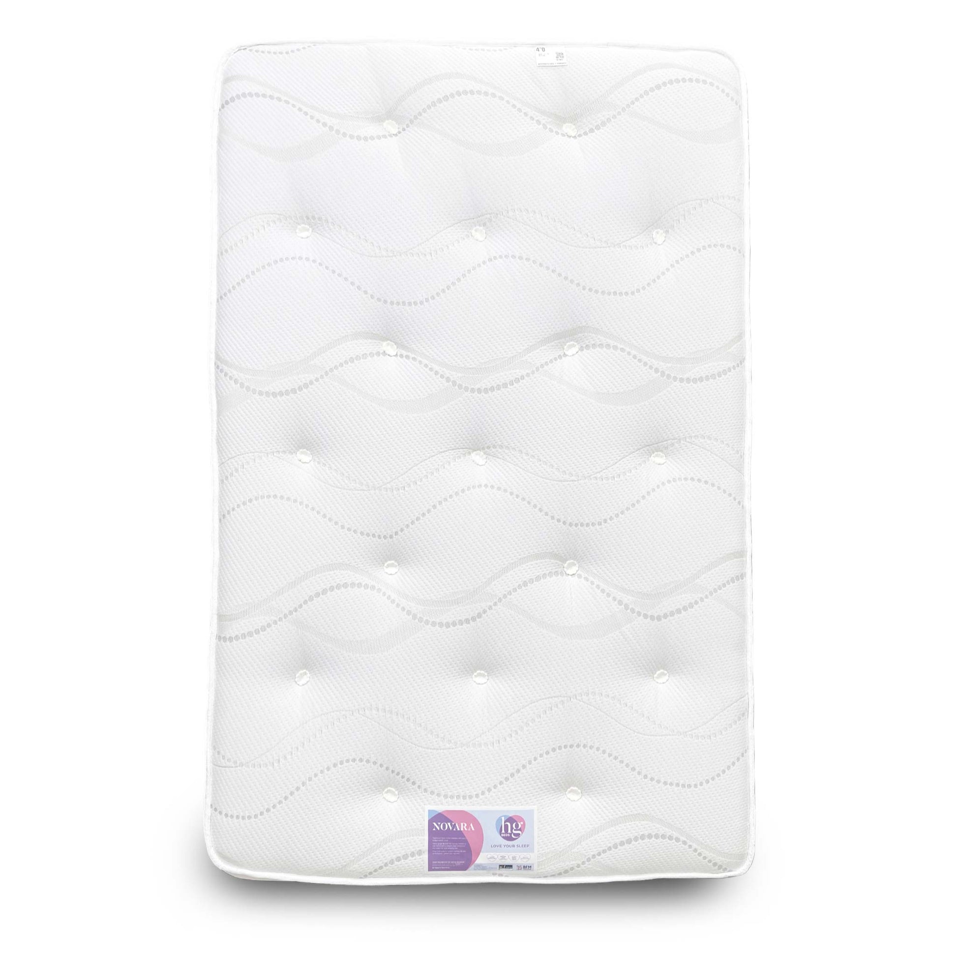 Full view of the Small Double Highgrove ‘Novara’ Ortho Hand-Tufted Pocket Sprung Mattress with white cover.