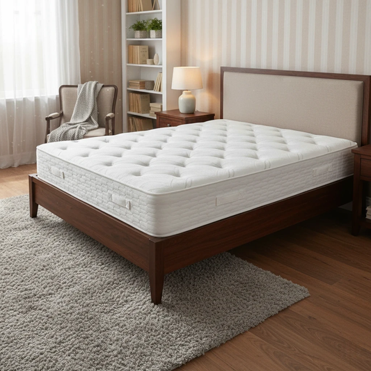 White mattress on a wooden bed frame in a bedroom setting.